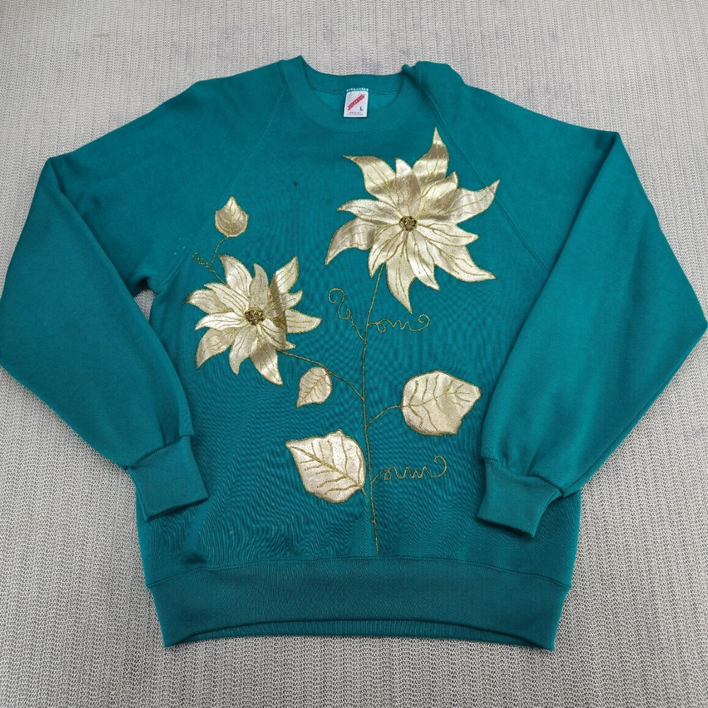 Vintage JERZEES Sweatshirt Womens Large Blue Green Gold Flower Floral Print USA